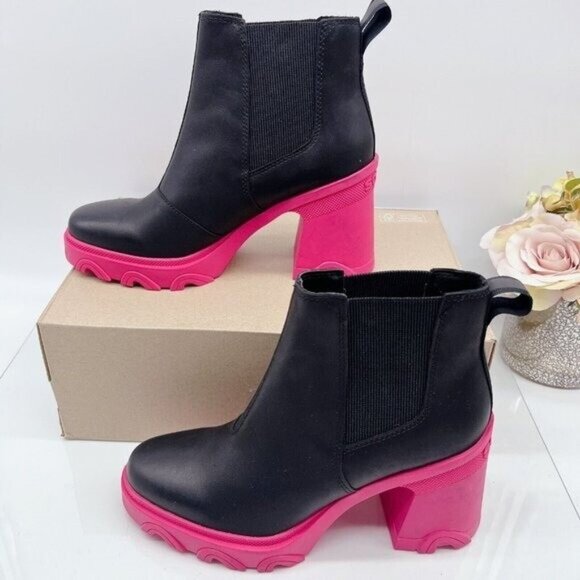 Sorel Shoes - Sorel Brex Waterproof Platform Heel Chelsea Boot Bootie Black/Cactus Pink US 8